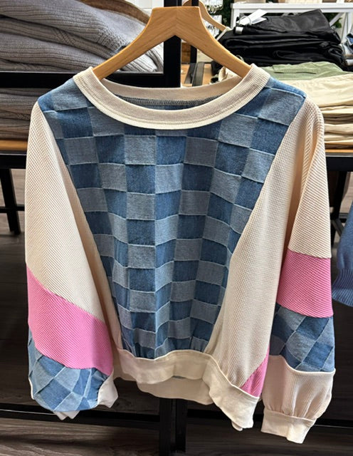 LS DENIM CHECKERED WITH HOT PINK AND CREAM ARMS