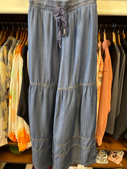 DENIM FLOWY WIDE LEG PANTS