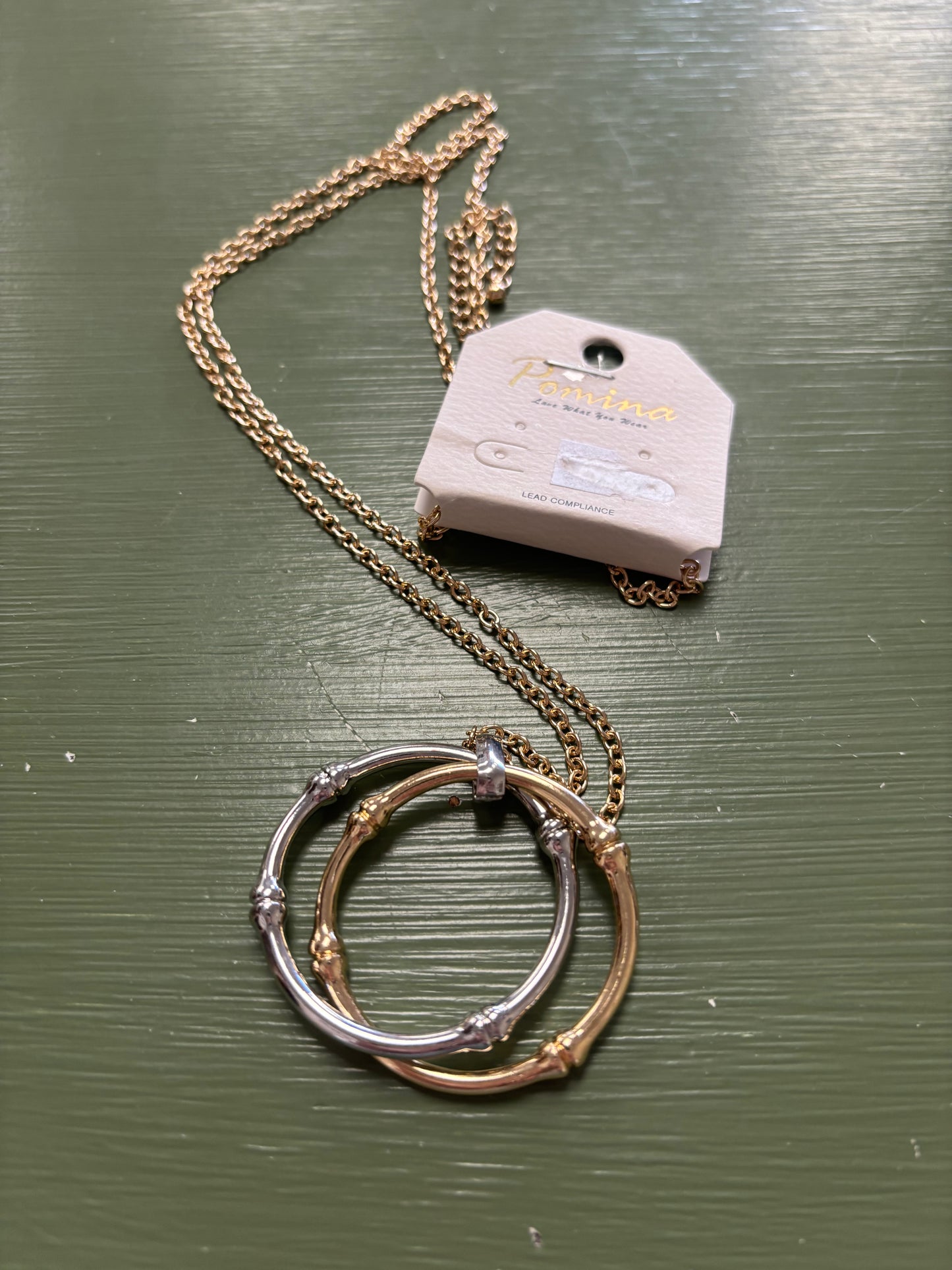 GOLD LONG NECKLACE WITH TWO TONE RINGS