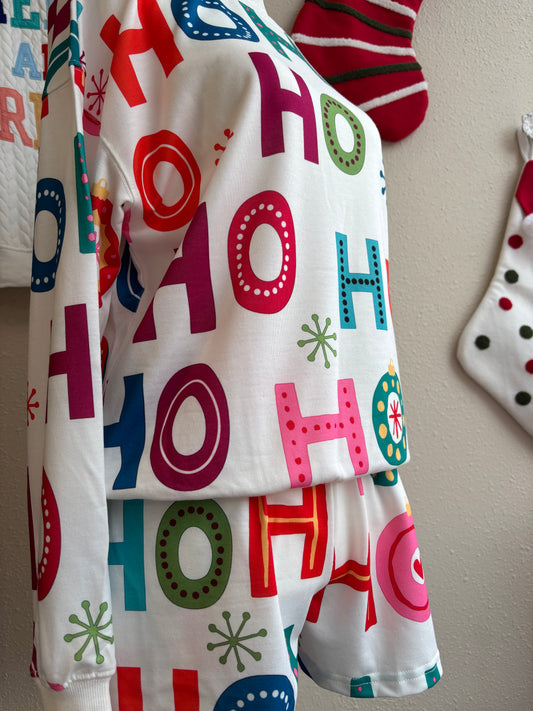 HO HO PAJAMA SET, SHORTS AND LS TOP