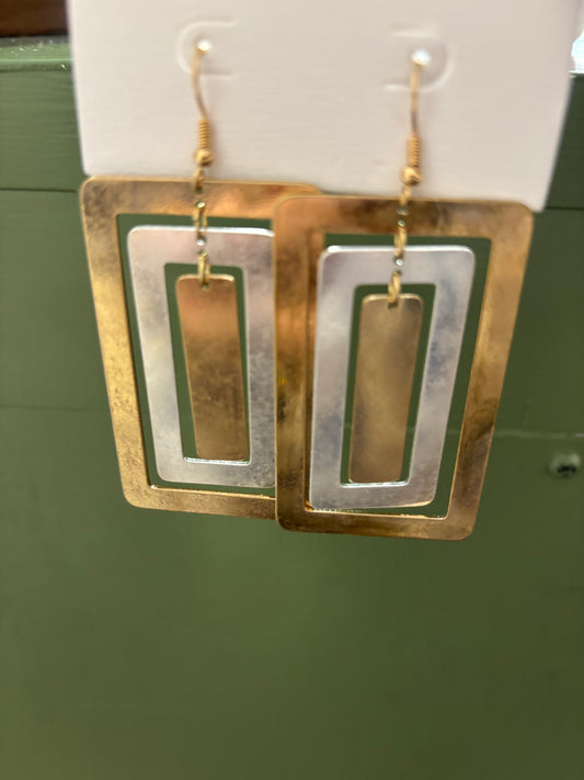 TWO TONE LARGE RECTANGLE EARRINGS