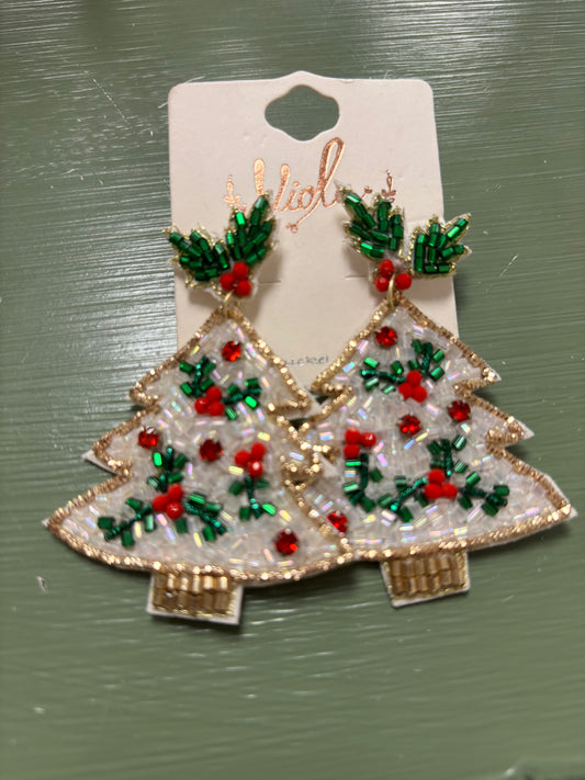 CHRISTMAS TREE GEM FABRIC EARRINGS WHITE RED GREEN