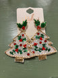 CHRISTMAS TREE GEM FABRIC EARRINGS WHITE RED GREEN