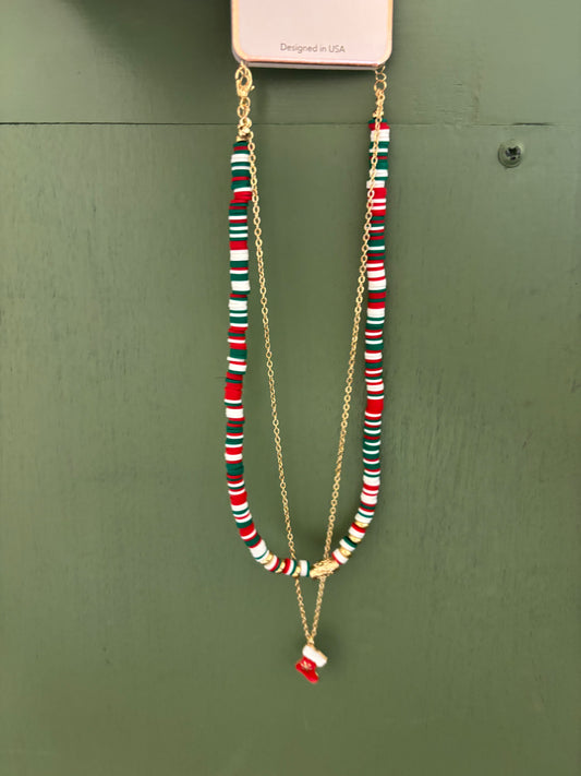 BEADED DOUBLE GOLD XMAS NECKLACE WITH STOCKING