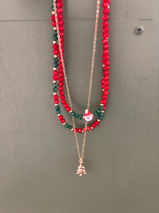 TRIPLE XMAS NECKLACE BEADED AND GOLD TREE