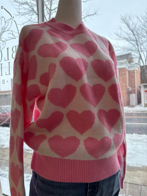 WHITE W PINK HEARTS VALENTINE SWEATER