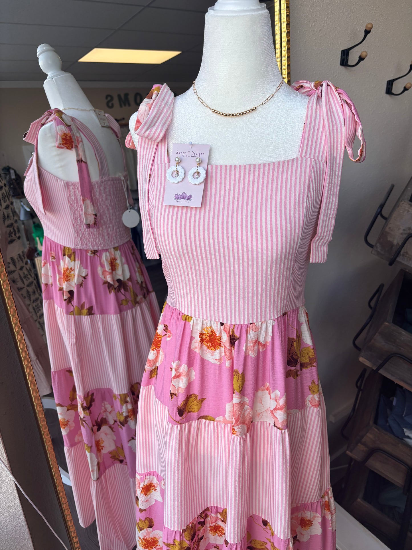 ODDI TIE SHOULDER MAXI DRESS FLORAL AND STRIPED