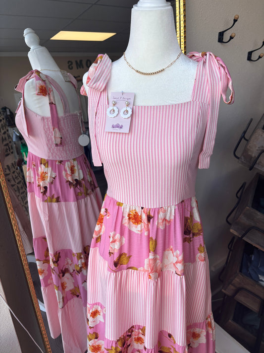 ODDI TIE SHOULDER MAXI DRESS FLORAL AND STRIPED