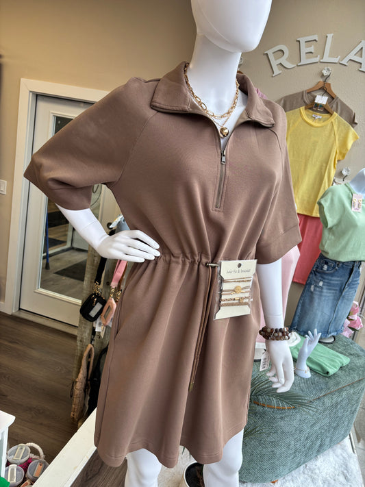 MOCHA SWEATSHIRT DRESS CINCH WAIST ABOVE KNEE