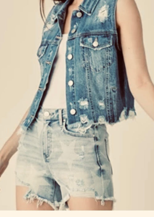 Sleeveless cropped dark denim ripped button up jacket