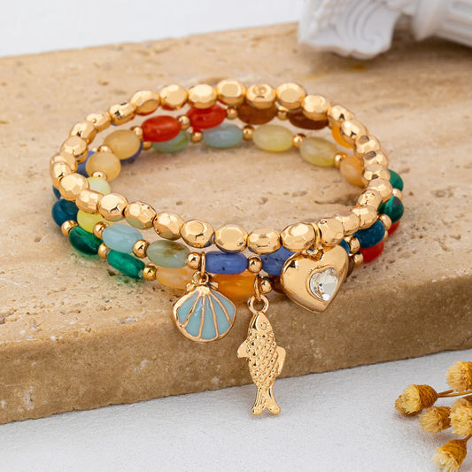 3 PC MULTI-COLORED BEADED LAYERED CHARM BRACELET