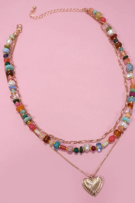 MULTI-COLORED LAYERED BEADED HEART CHARM NECKLACE