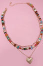 MULTI-COLORED LAYERED BEADED HEART CHARM NECKLACE
