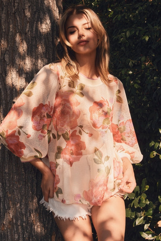 ODDI SHEER MESH FLORAL PRINTED SHIRT