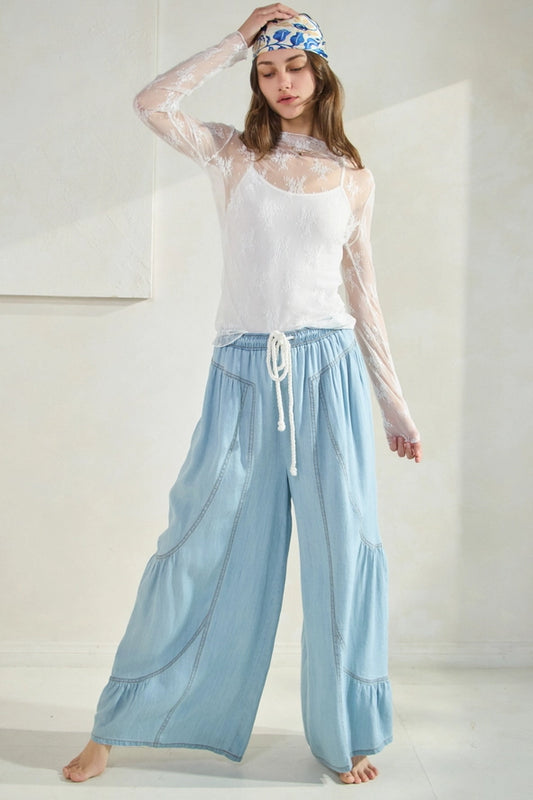 CHAMBRAY DENIM WIDE LEGGED FLOWY JEANS
