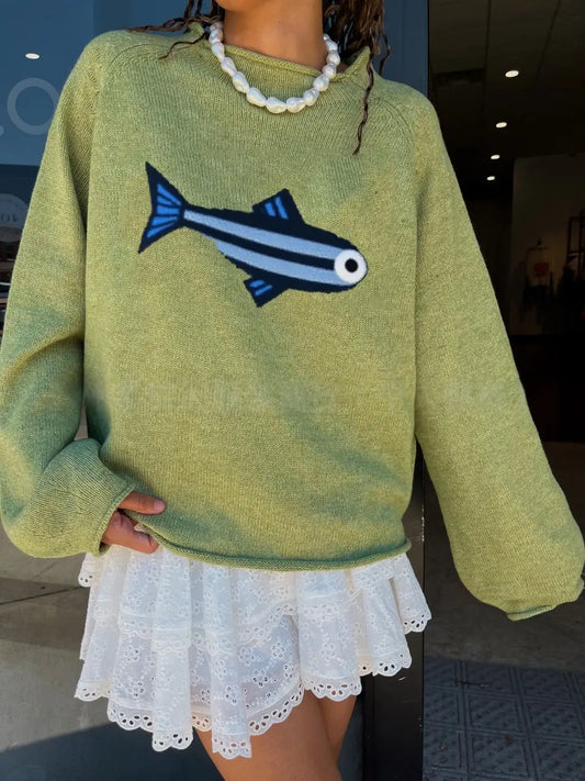 FISH MOTIF CASUAL SWEATER GREEN