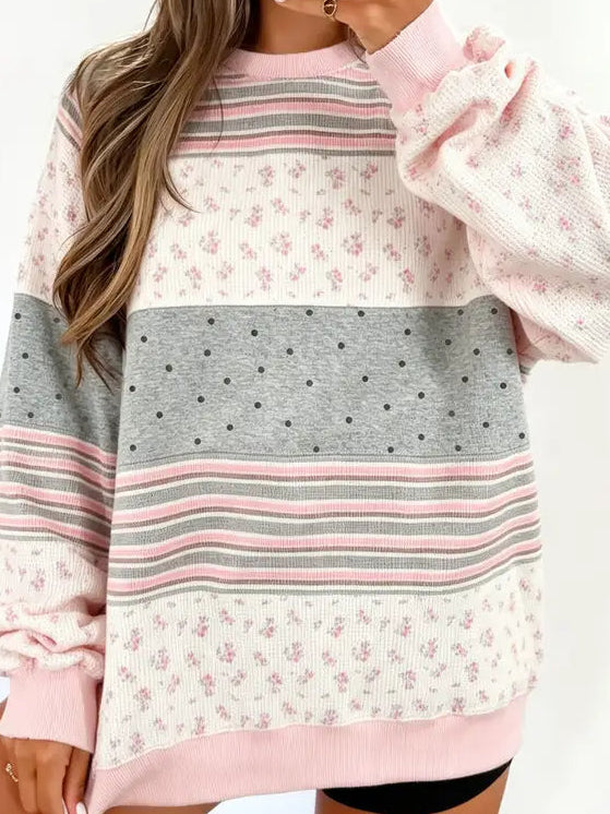 PINK AND GRAY MULTI PATTERN AND COLOR LS SHIRT