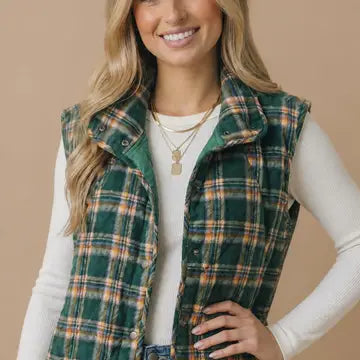 GREEN PLAID BUTTON DOWN VEST