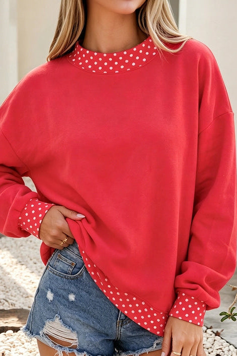 RED SWEATSHIRT POLKA DOT TRIM