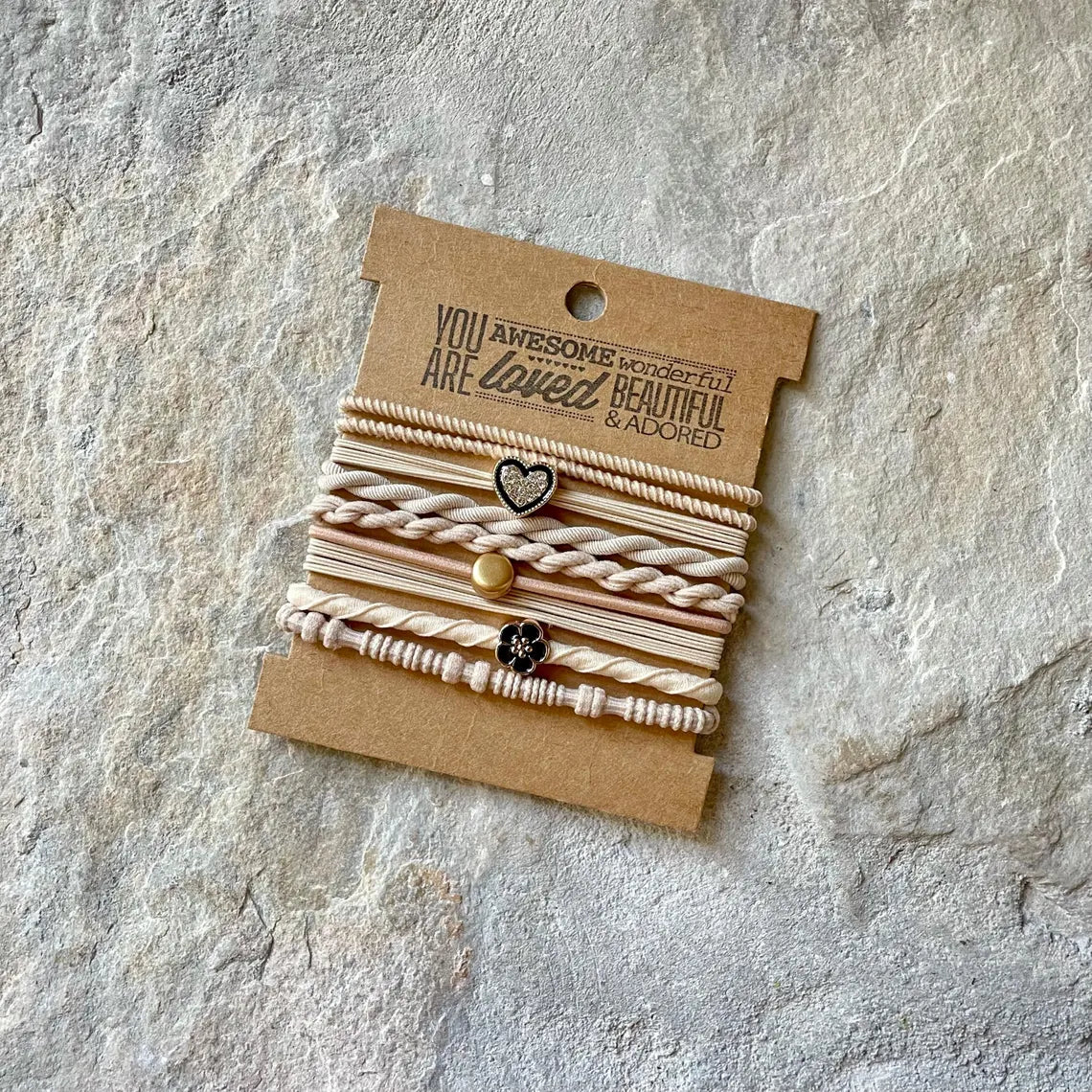 BOHO HAIR TIES NO SNAG HEART CHARM TAN