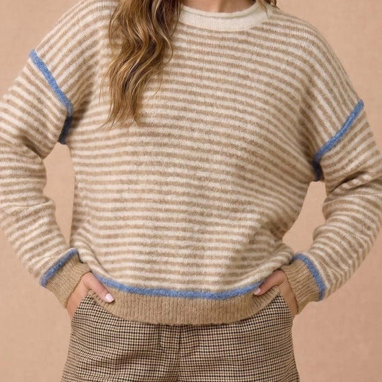 BEIGE SWEATER W STRIPES AND LIGHT BLUE TRIM