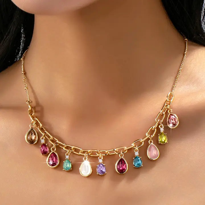 MULTICOLOR GEM TEARDROP NECKLACE