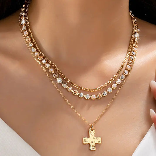 TRIPLE GOLD GEM WITH GOLD CROSS NECKLACE