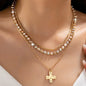 TRIPLE GOLD GEM WITH GOLD CROSS NECKLACE