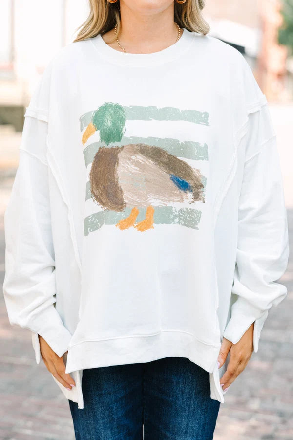 WHITE MALLARD DUCK SWEATSHIRT WITH GREEN STRIPES