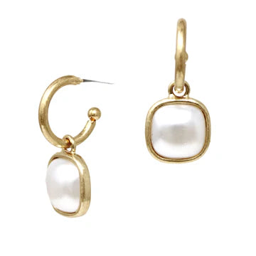 GOLD HOOP W SQUARE PEARL DROP EARRINGS