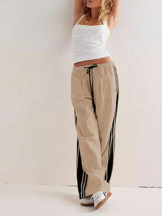 STRIPPED KHAKI DRAWSTRING WIDELEG PANT