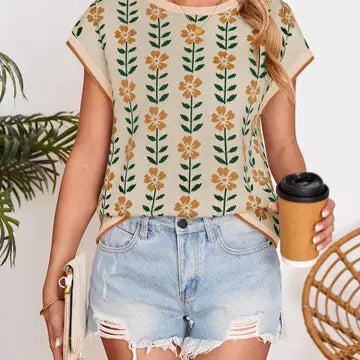 FLORAL PATTERN CREWNECK TOP