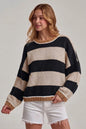 BLACK AND TAN STRIPPED SWEATER WITH DARK BROWN NECKLINE