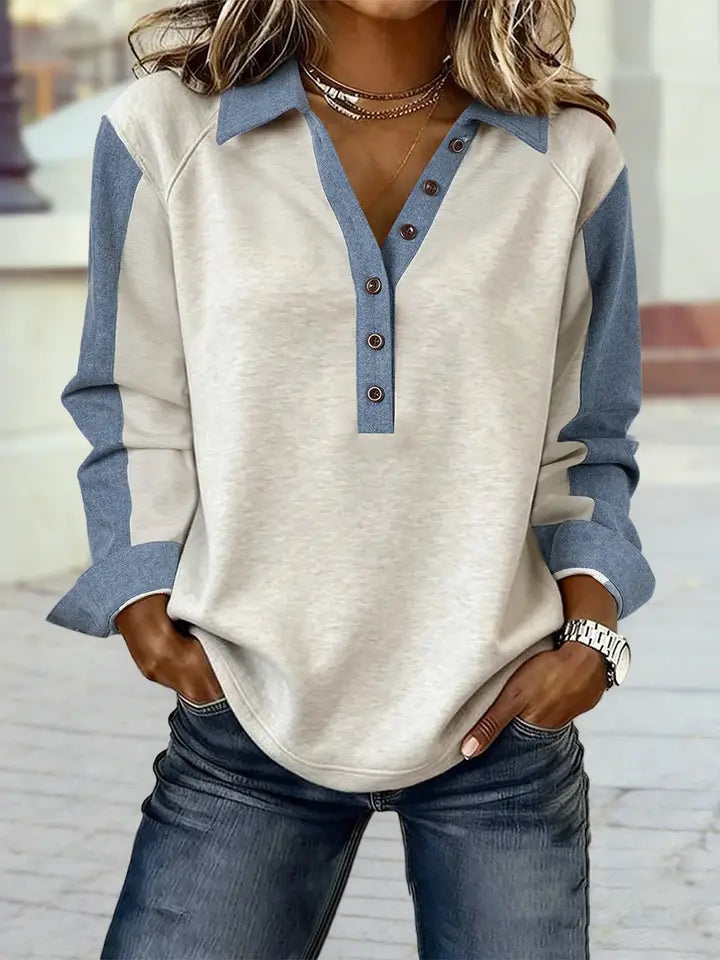 COLORBLOCK DENIM & OATMEAL SHIRT BUTTON COLLAR LONG SLEEVE