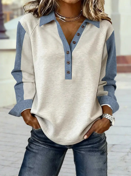 COLORBLOCK DENIM & OATMEAL SHIRT BUTTON COLLAR LONG SLEEVE