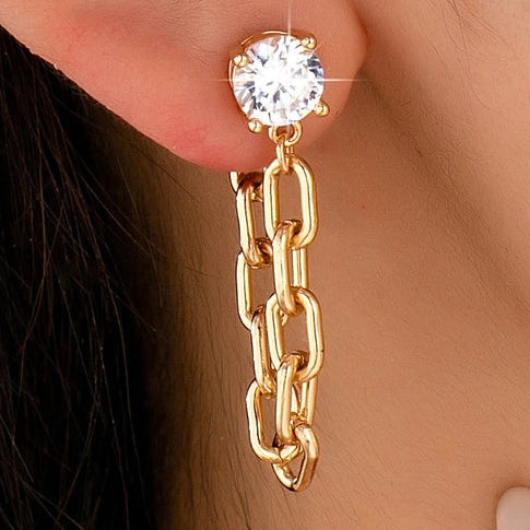 CRYSTAL STUD W HANGING CHAIN EARRINGS