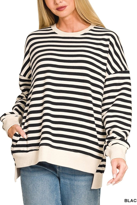 CREAM SWEATSHIRT W TAN STRIPES AND POCKETS