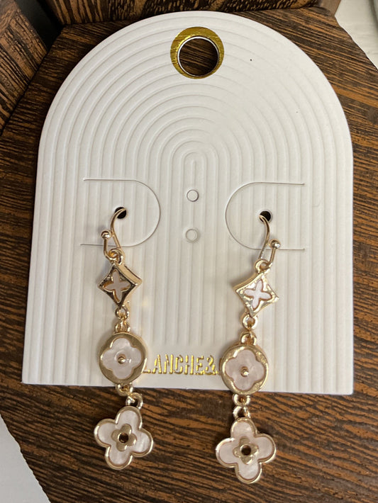 Gold with white clover drop dangly earrings