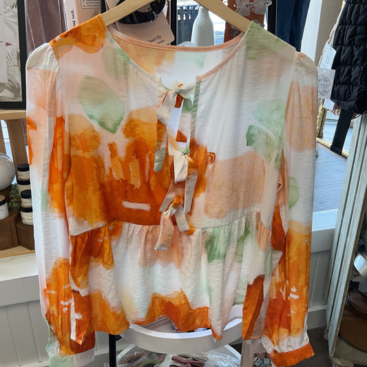 ORANGE/GREEN PRINT ABSTRACT BLOUSE BOWS IN FRONT