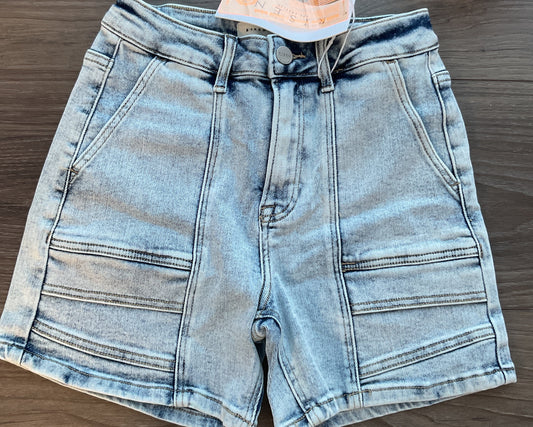 Denim acid wash high-rise cargo shorts by risen