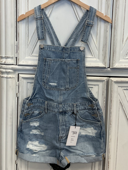 Denim distressed shorts overalls