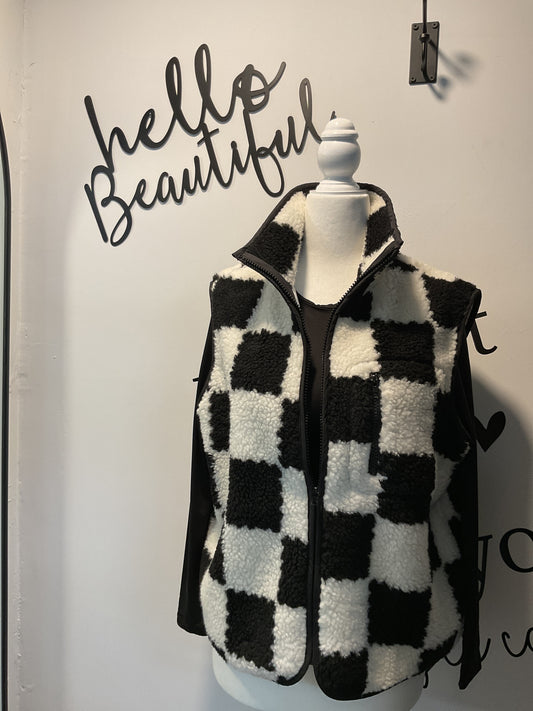 Black and white checkered Sherpa vest