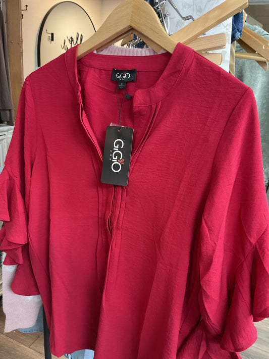 Red ruffle sleeves blouse v neck