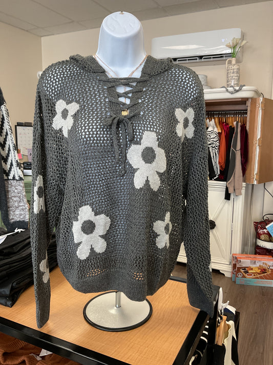 CHARCOAL MESH HOODIE DARK GREY W FLOWERS