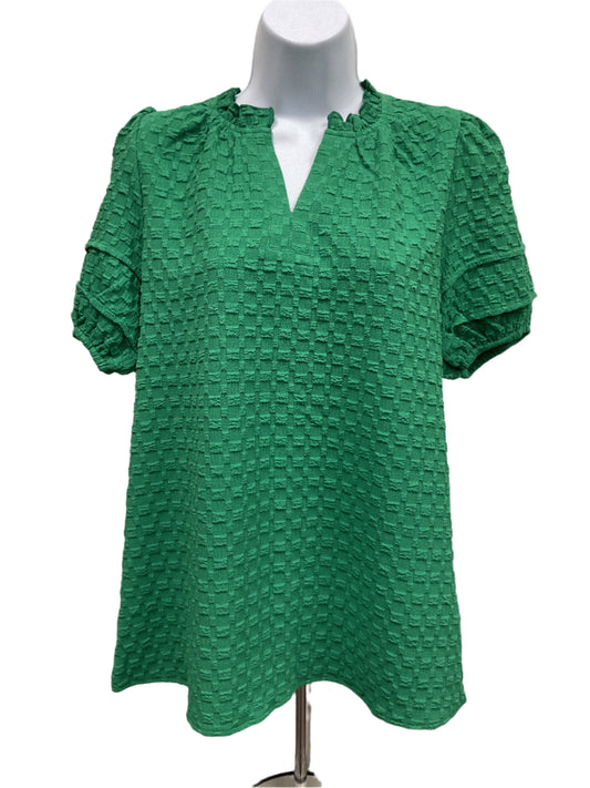 Green textured puff sleeve v neck