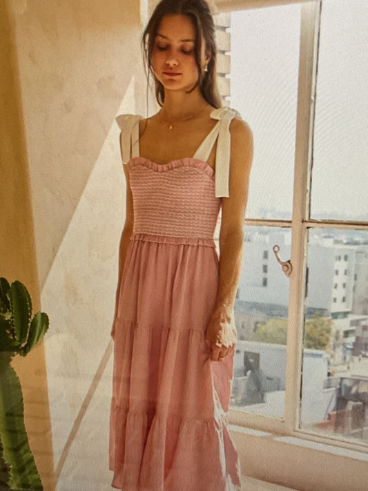 Pink sleeveless midi dress w contrast strap