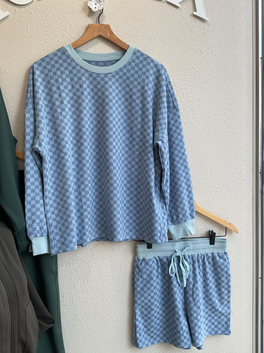 BLUE CHECKERED PAJAMAS SHORTS AND LS SHIRT