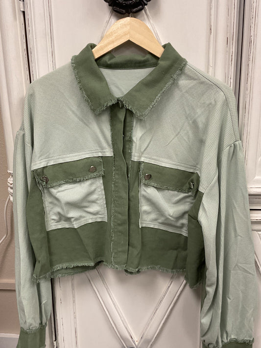Green waffle knit button up crop shacket