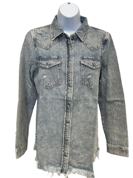 Denim distressed LS shirt
