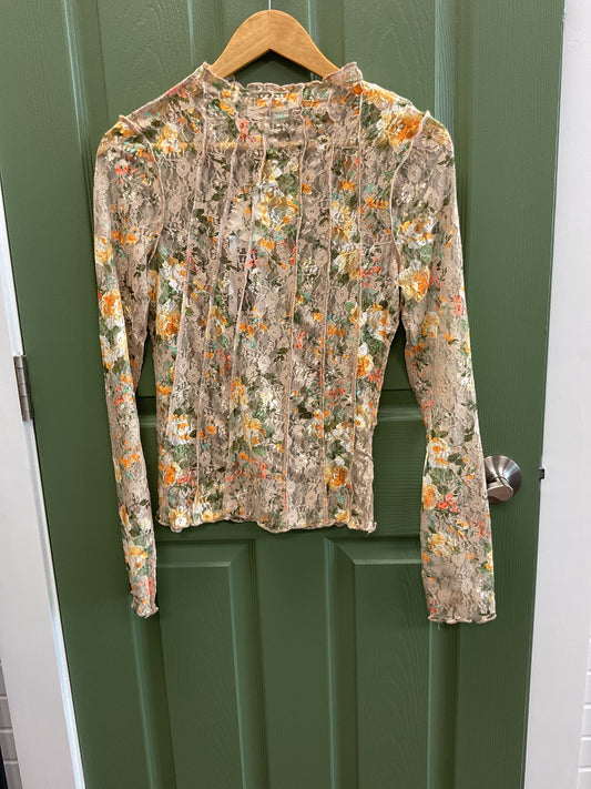 Floral mesh mockneck long sleeve top